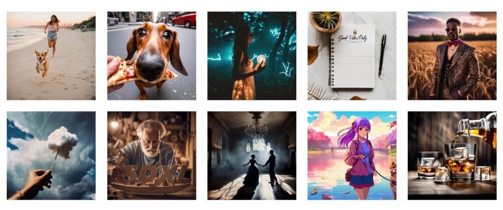 A gallery of AI generated visuals created using Stable Diffusion XL showcasing diverse artistic styles from photorealistic portraits to digital art