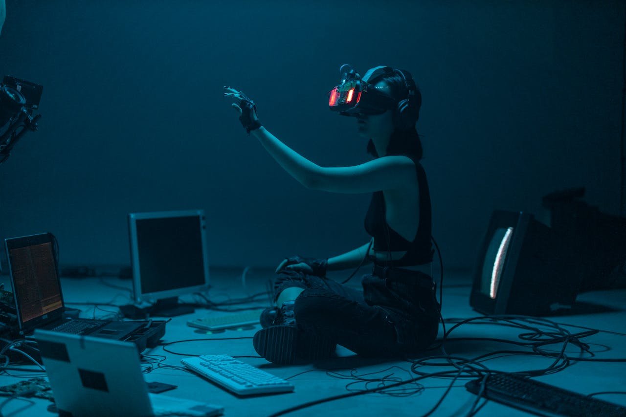 Explore AI Technology with Virtual Reality Person using virtual reality for exploring AI technology