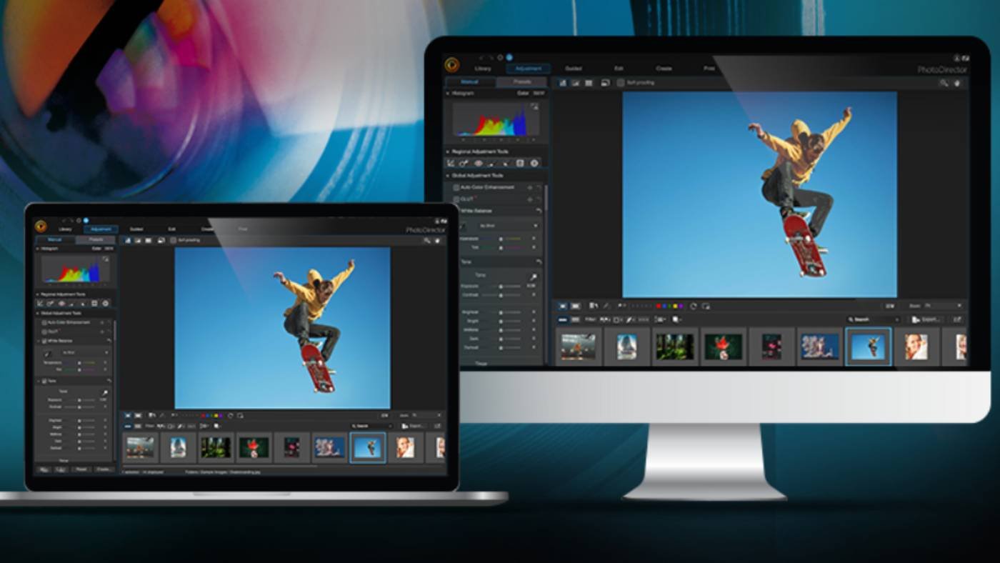 Dynamic photo editing with AI tools showcasing a skateboarder in motion on PhotoDirector 365