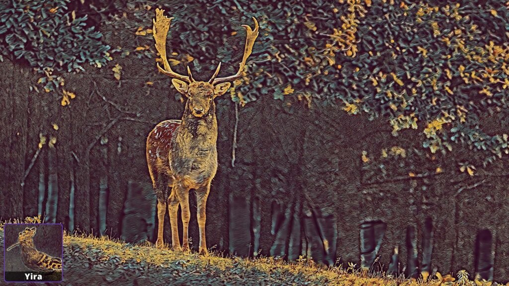 AI powered photo editor turns forest scene with deer into digital artwork with rich textures