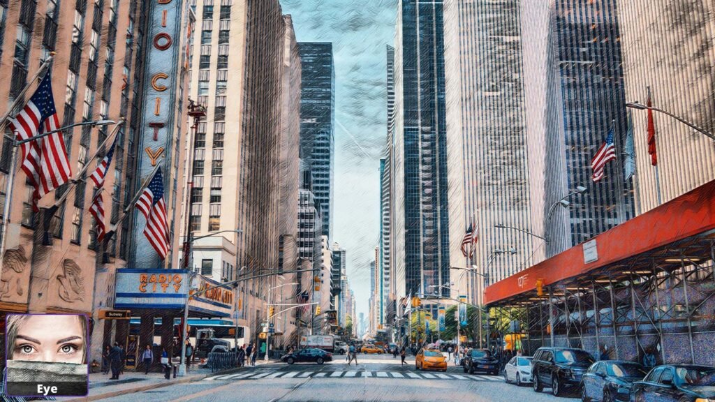 AI drawing software applied to city street scene with skyscrapers creating a digital art effect