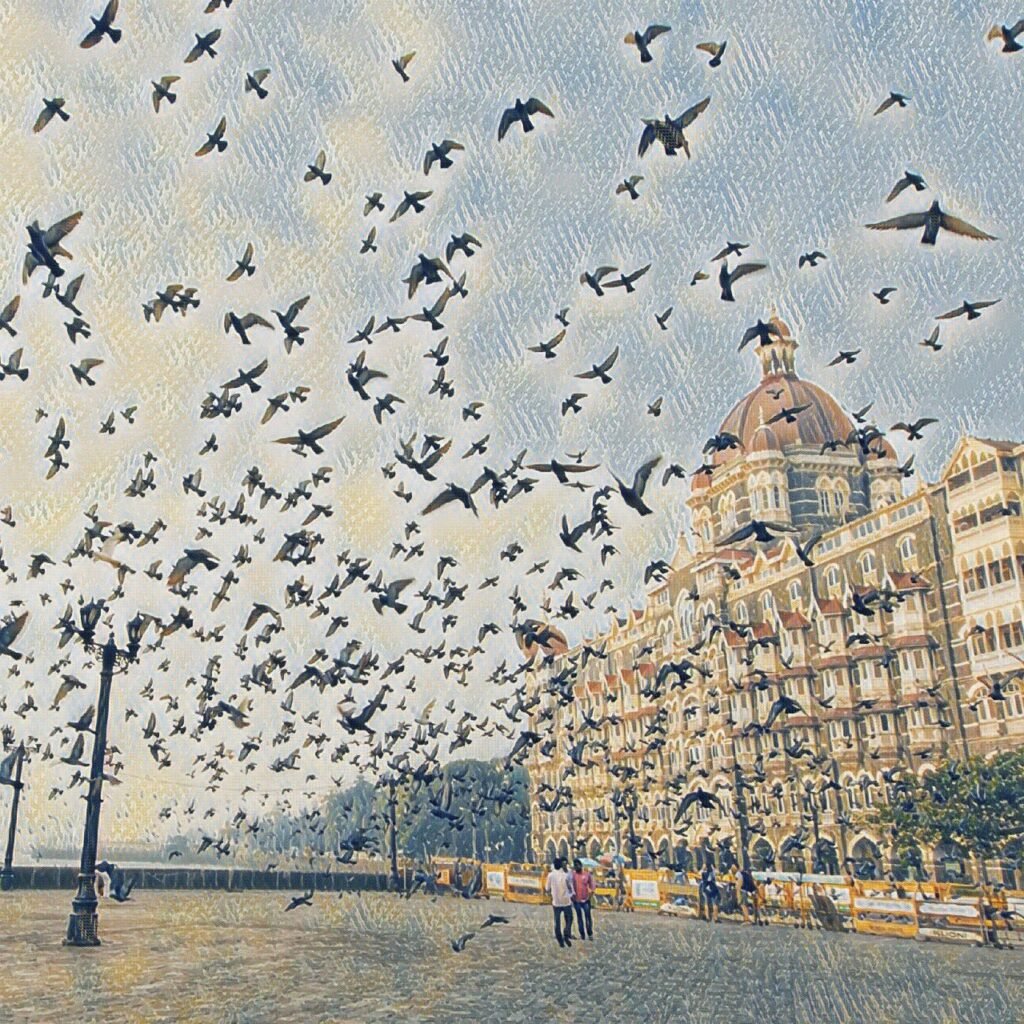 AI drawing software transforms cityscape into digital art with enhanced bird details