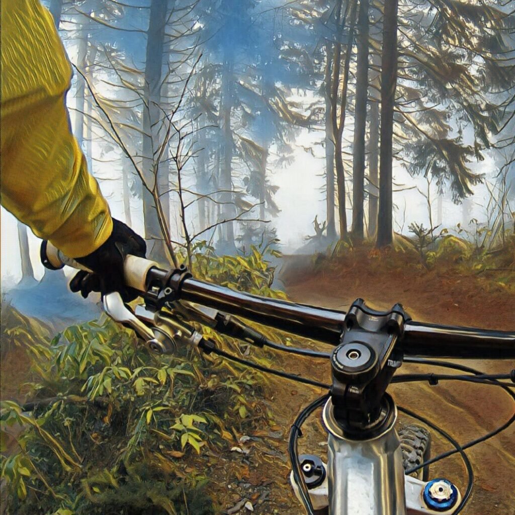 AI powered photo editor turns forest cycling scene into vibrant digital art
