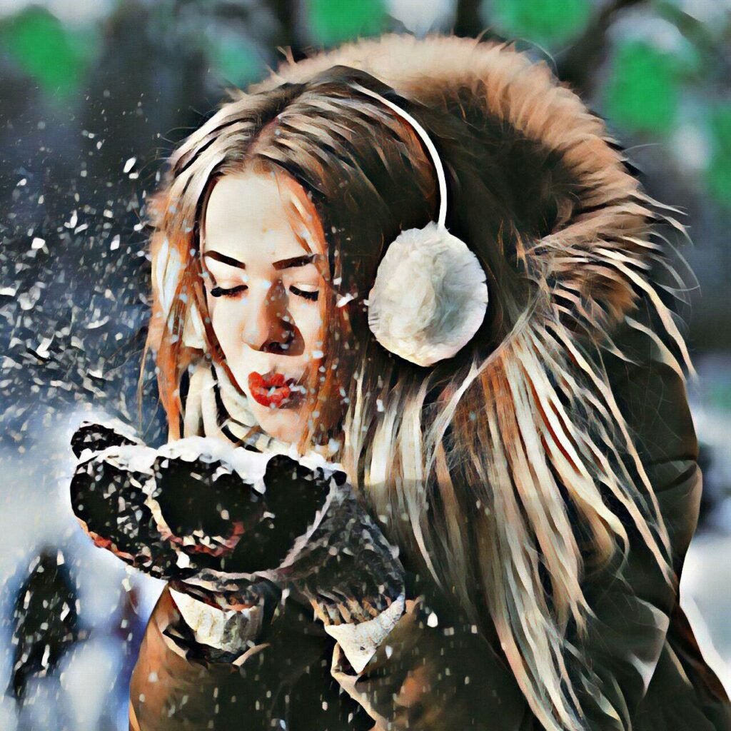 Photo to painting software applied to winter portrait for a creative AI art effect