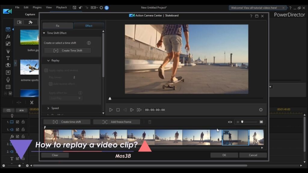 Screenshot of PowerDirector 365 showing the Time Shift Effect and replay feature with a skateboard video clip