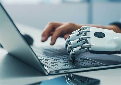 AI-powered robotic hand typing on a laptop keyboard for content writing.