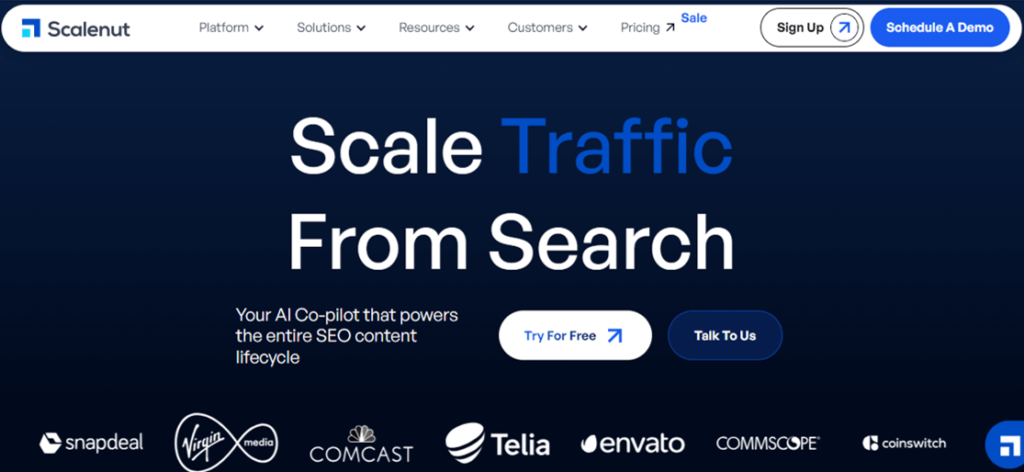 Scalenut platform highlighting tools to scale search traffic