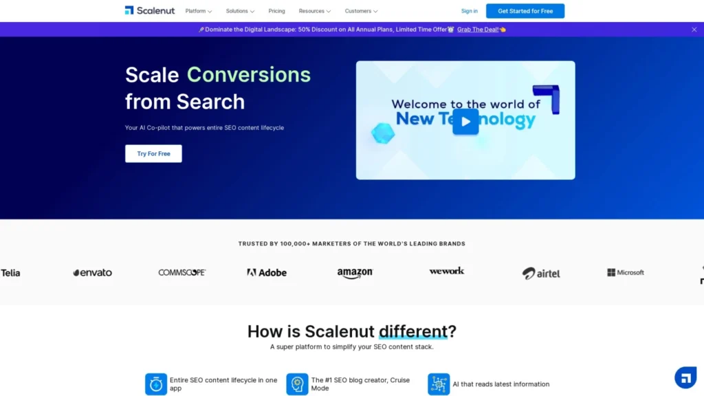 Scalenut homepage showing tools to scale conversions from search