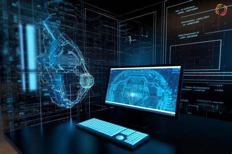 Futuristic computer setup displaying AI-driven data models and advanced technology integrations.