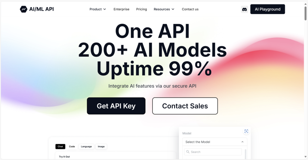 AIML API interface showcasing 200+ AI models with 99 uptime and API key integration for developers