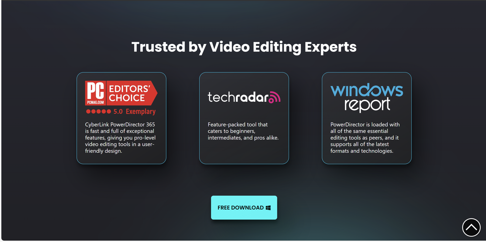 PowerDirector 365 expert reviews from PCMag, TechRadar, and Windows Report, emphasizing AI video editing software and user-friendly tools.