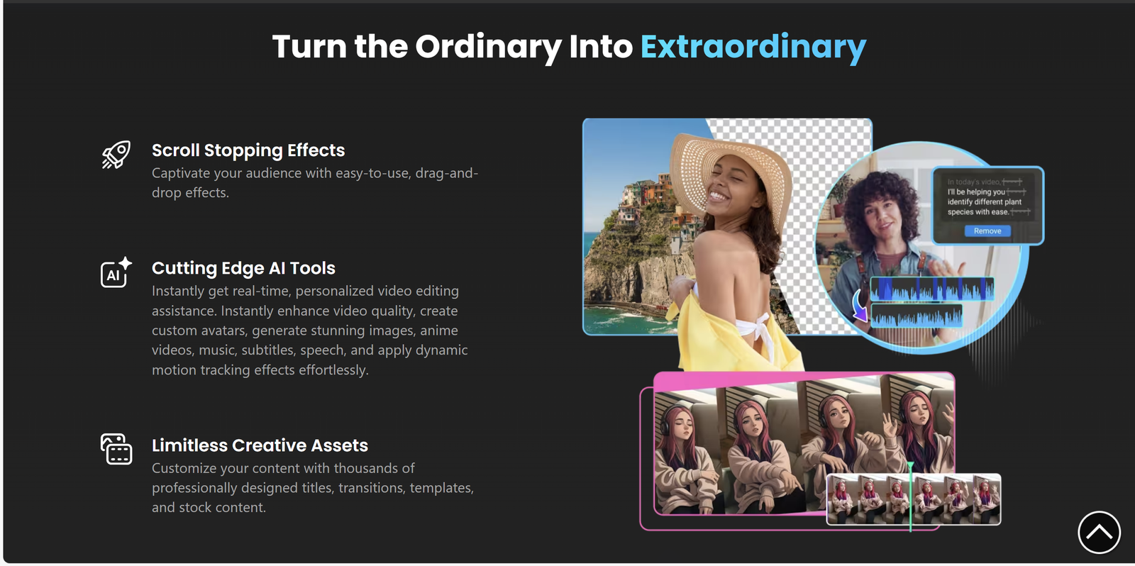 PowerDirector 365 features like scroll-stopping effects, cutting-edge AI tools, and creative assets for video editing beginners and creators.