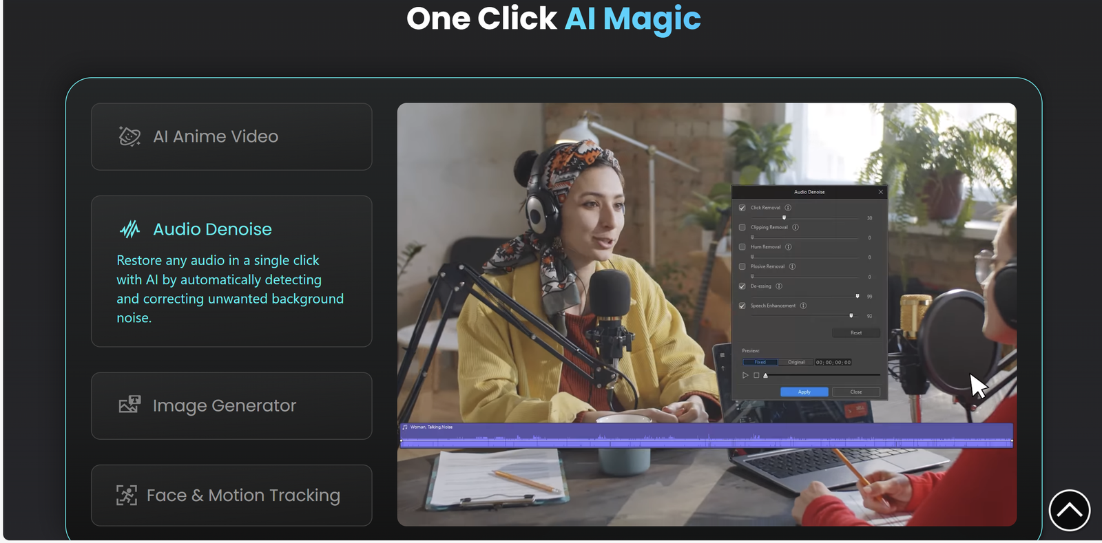 PowerDirector 365 AI tools for audio denoise, image generation, and motion tracking to improve video quality with ease