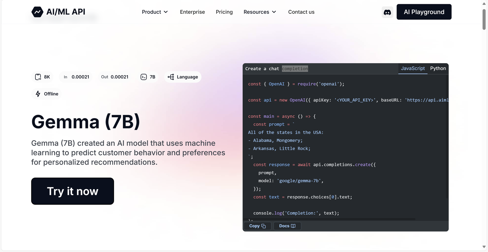 Gemma 7B API overview highlighting AI powered customer behavior predictions