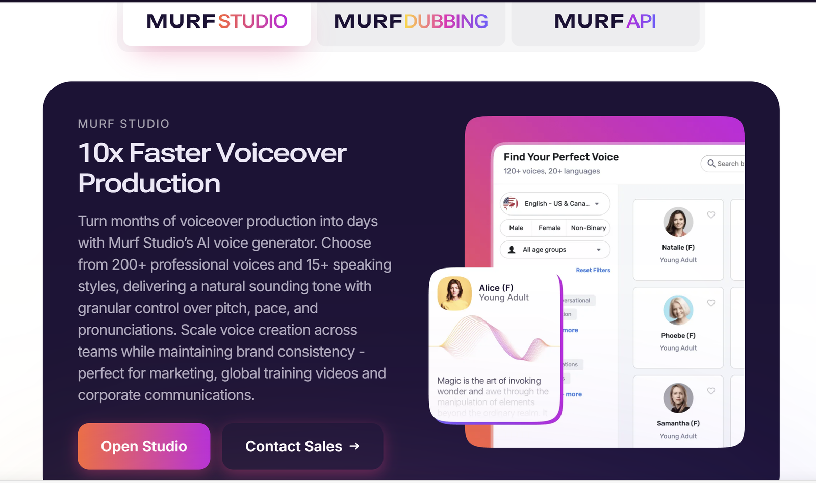 Murf Studio features for faster voiceover production with AI text to speech