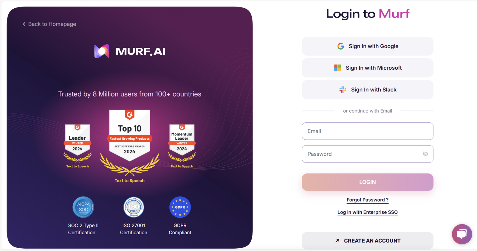 Murf AI login page with sign in options for using AI text to voice tools