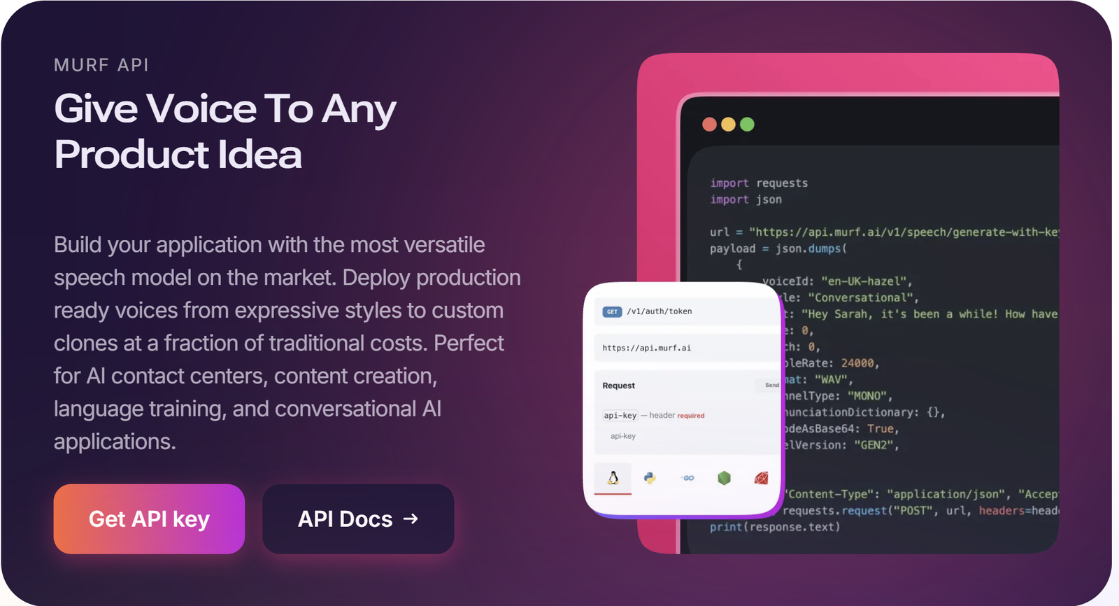 Murf AI API showcasing customizable AI text to voice solutions